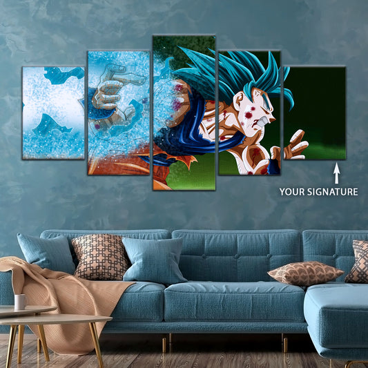 Dragon Ball Super Saiyan Blue Goku Canvas Wall Art - 5 Piece Split Panel DBZ Anime Poster - Framed Ready to Hang Living Room Man Cave Decor - DR5047
