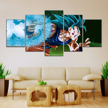 Dragon Ball Super Saiyan Blue Goku Canvas Wall Art - 5 Piece Split Panel DBZ Anime Poster - Framed Ready to Hang Living Room Man Cave Decor - DR5047