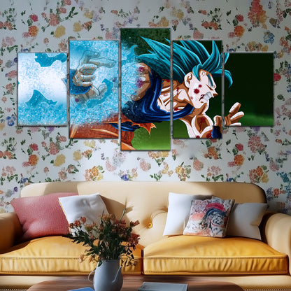 Dragon Ball Super Saiyan Blue Goku Canvas Wall Art - 5 Piece Split Panel DBZ Anime Poster - Framed Ready to Hang Living Room Man Cave Decor - DR5047