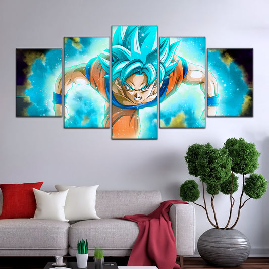Dragon Ball Super Saiyan Blue Goku Canvas Wall Art - 5 Piece Split Panel DBZ Anime Poster - Framed Ready to Hang Living Room Man Cave Decor - DR5048