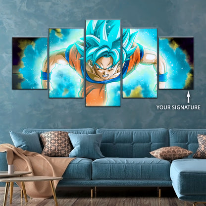 Dragon Ball Super Saiyan Blue Goku Canvas Wall Art - 5 Piece Split Panel DBZ Anime Poster - Framed Ready to Hang Living Room Man Cave Decor - DR5048