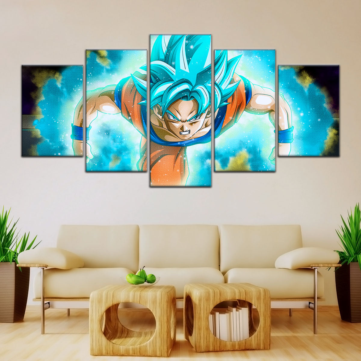 Dragon Ball Super Saiyan Blue Goku Canvas Wall Art - 5 Piece Split Panel DBZ Anime Poster - Framed Ready to Hang Living Room Man Cave Decor - DR5048
