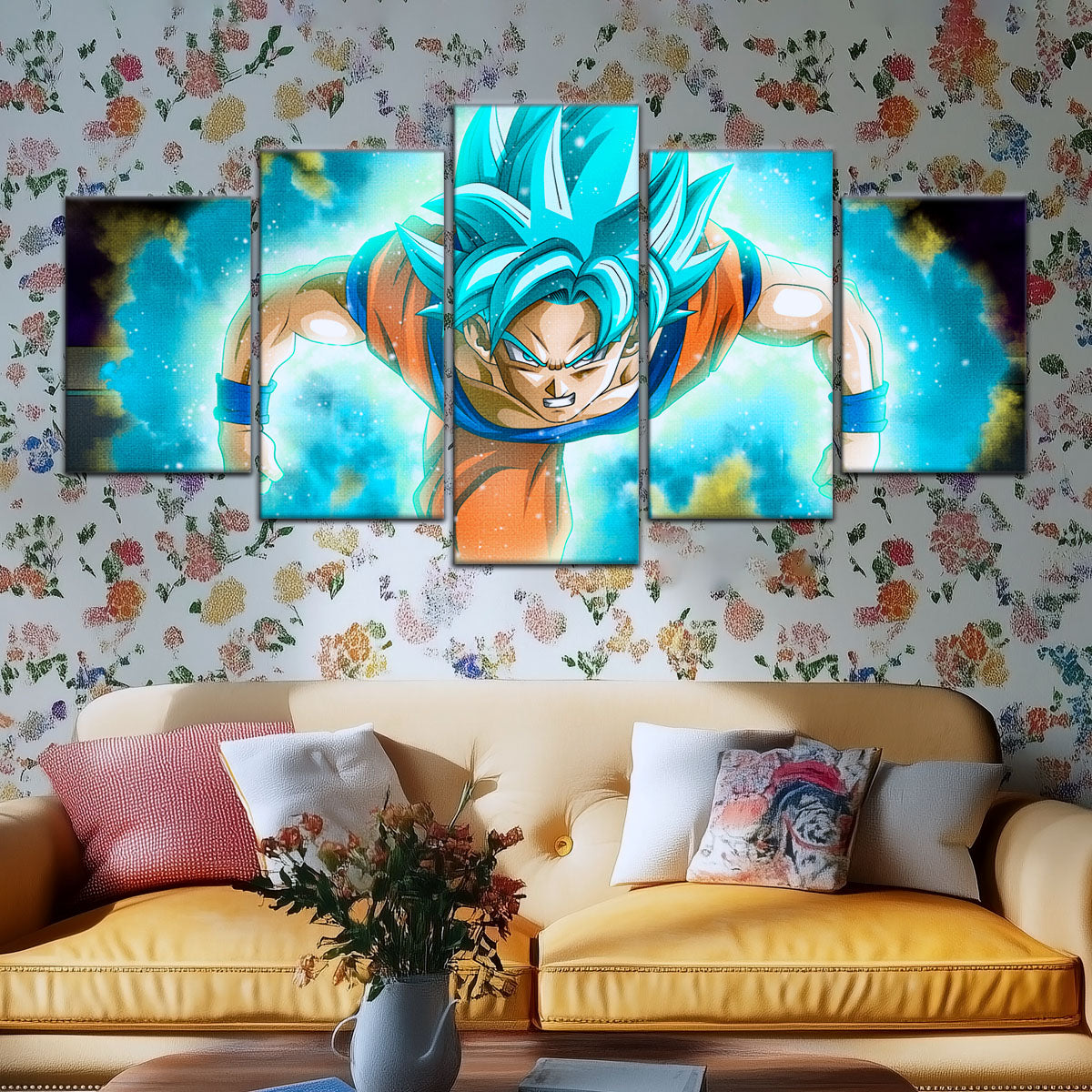 Dragon Ball Super Saiyan Blue Goku Canvas Wall Art - 5 Piece Split Panel DBZ Anime Poster - Framed Ready to Hang Living Room Man Cave Decor - DR5048
