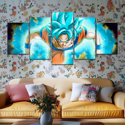 Dragon Ball Super Saiyan Blue Goku Canvas Wall Art - 5 Piece Split Panel DBZ Anime Poster - Framed Ready to Hang Living Room Man Cave Decor - DR5048