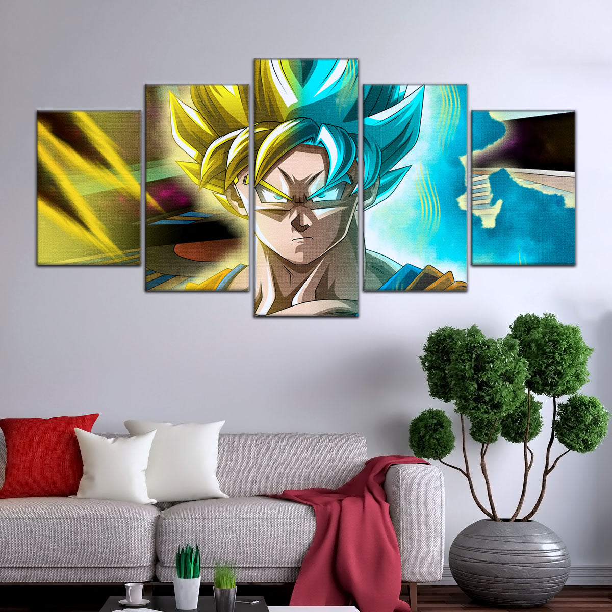 Dragon Ball Super Saiyan Blue Goku Canvas Wall Art - 5 Piece Split Panel DBZ Anime Poster - Framed Ready to Hang Living Room Man Cave Decor - DR5049