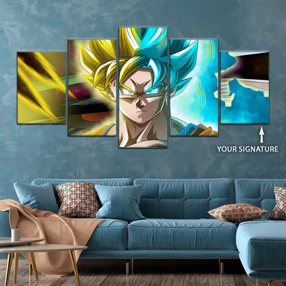Dragon Ball Super Saiyan Blue Goku Canvas Wall Art - 5 Piece Split Panel DBZ Anime Poster - Framed Ready to Hang Living Room Man Cave Decor - DR5049