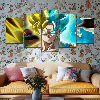 Dragon Ball Super Saiyan Blue Goku Canvas Wall Art - 5 Piece Split Panel DBZ Anime Poster - Framed Ready to Hang Living Room Man Cave Decor - DR5049