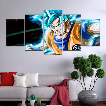 Dragon Ball Super Saiyan Blue Goku Canvas Wall Art - 5 Piece Split Panel DBZ Anime Poster - Framed Ready to Hang Living Room Man Cave Decor - DR5050