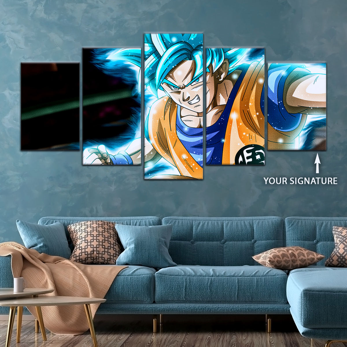 Dragon Ball Super Saiyan Blue Goku Canvas Wall Art - 5 Piece Split Panel DBZ Anime Poster - Framed Ready to Hang Living Room Man Cave Decor - DR5050