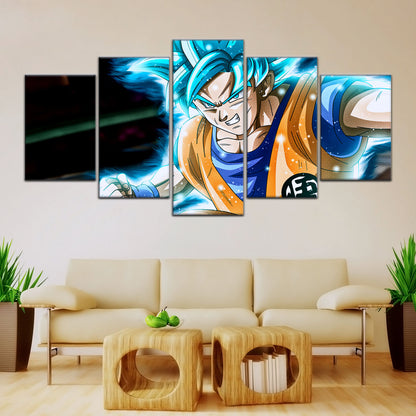 Dragon Ball Super Saiyan Blue Goku Canvas Wall Art - 5 Piece Split Panel DBZ Anime Poster - Framed Ready to Hang Living Room Man Cave Decor - DR5050