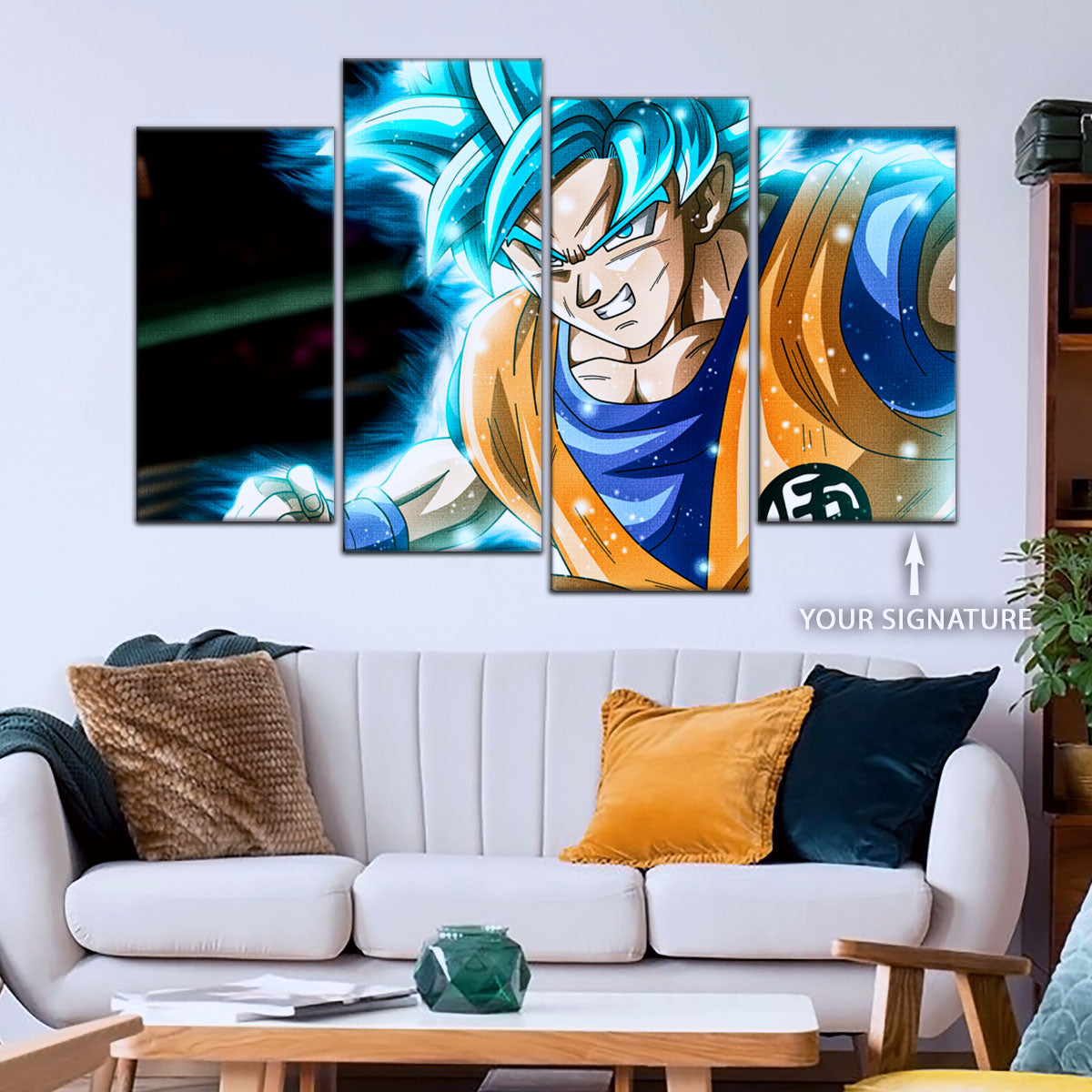 Dragon Ball Super Saiyan Blue Goku Canvas Wall Art - 5 Piece Split Panel DBZ Anime Poster - Framed Ready to Hang Living Room Man Cave Decor - DR5050