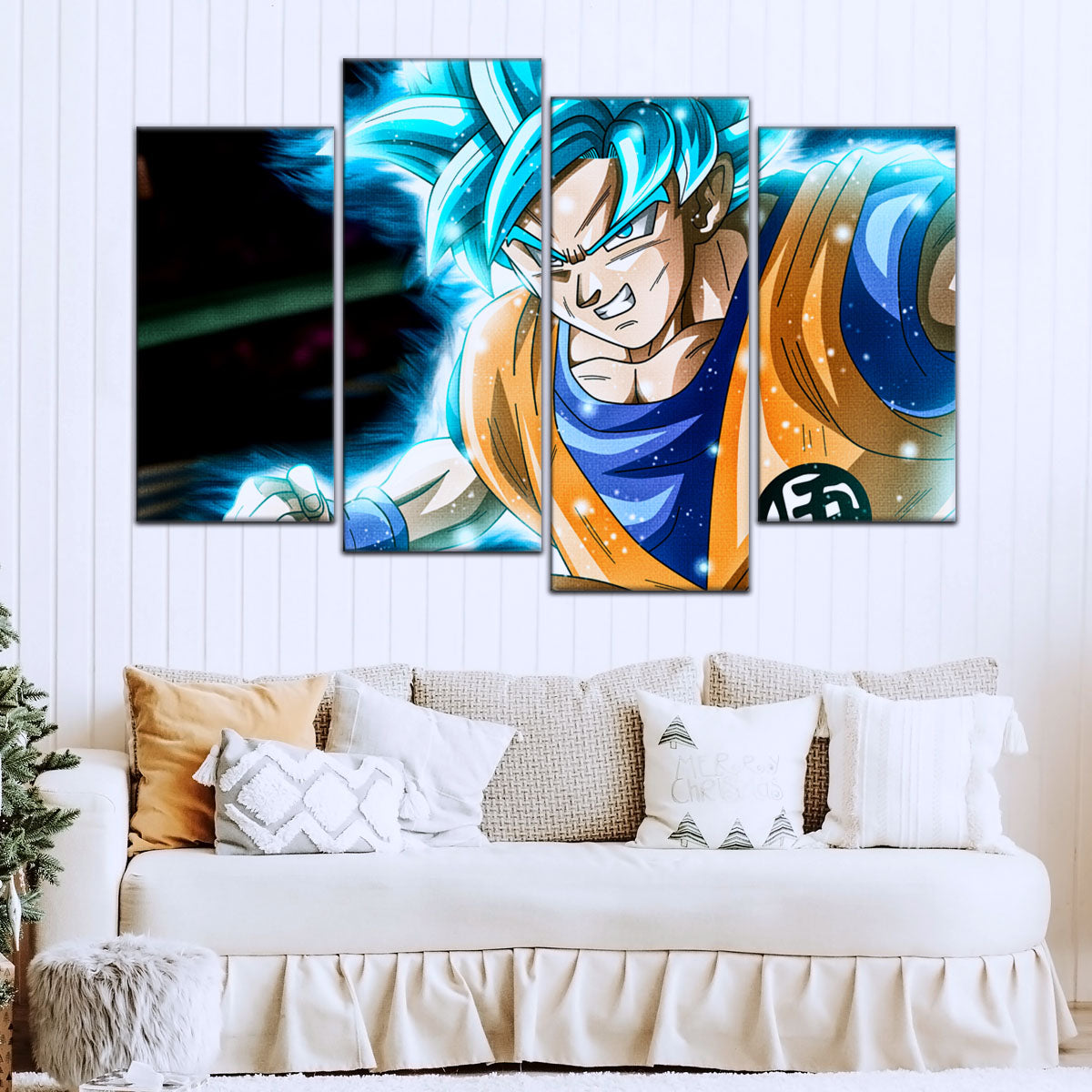 Dragon Ball Super Saiyan Blue Goku Canvas Wall Art - 5 Piece Split Panel DBZ Anime Poster - Framed Ready to Hang Living Room Man Cave Decor - DR5050