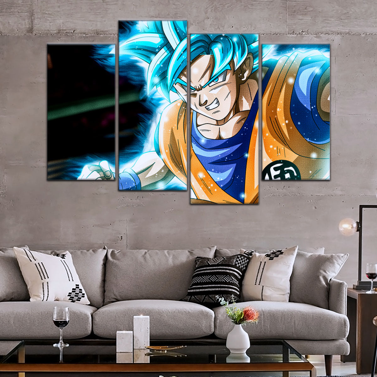 Dragon Ball Super Saiyan Blue Goku Canvas Wall Art - 5 Piece Split Panel DBZ Anime Poster - Framed Ready to Hang Living Room Man Cave Decor - DR5050