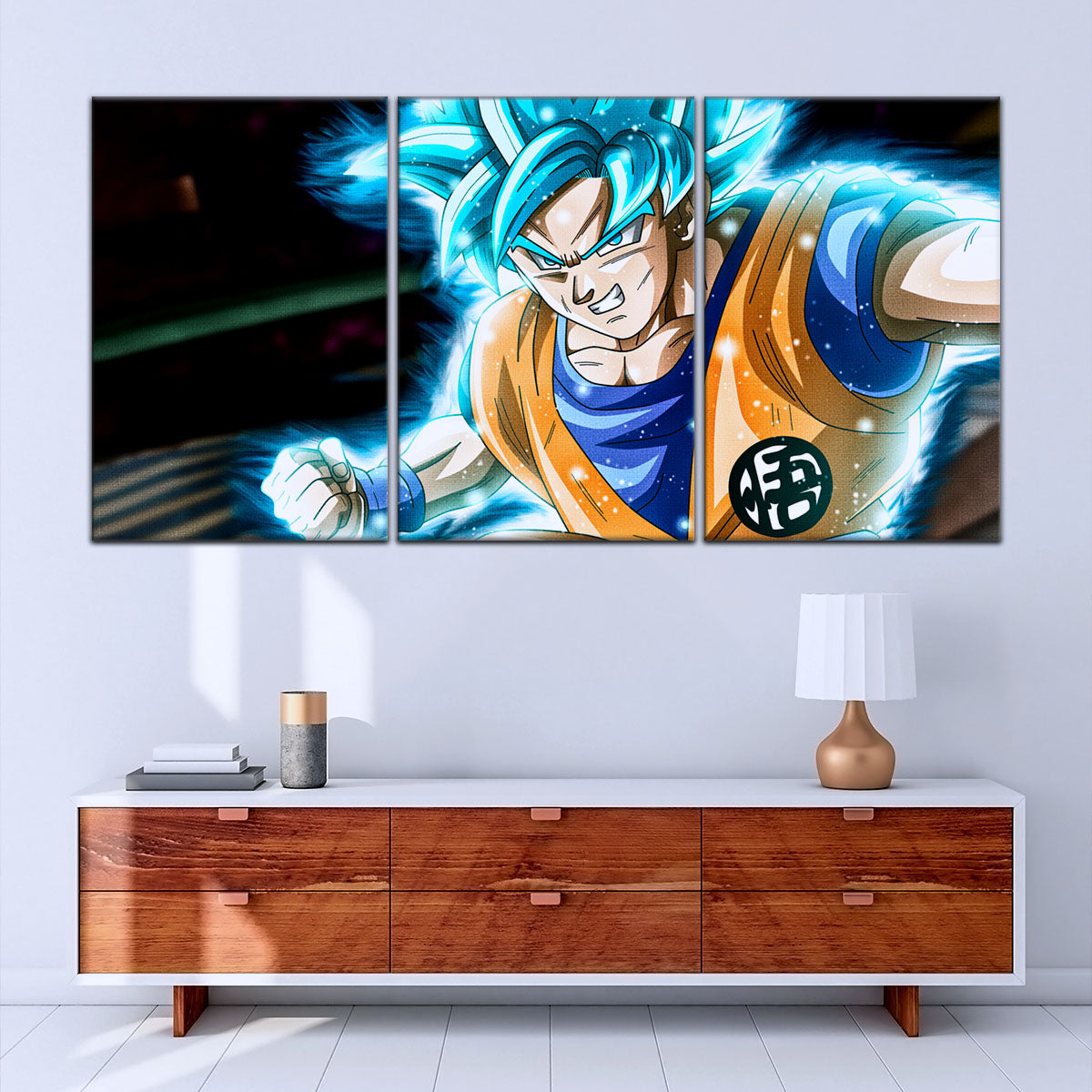 Dragon Ball Super Saiyan Blue Goku Canvas Wall Art - 5 Piece Split Panel DBZ Anime Poster - Framed Ready to Hang Living Room Man Cave Decor - DR5050