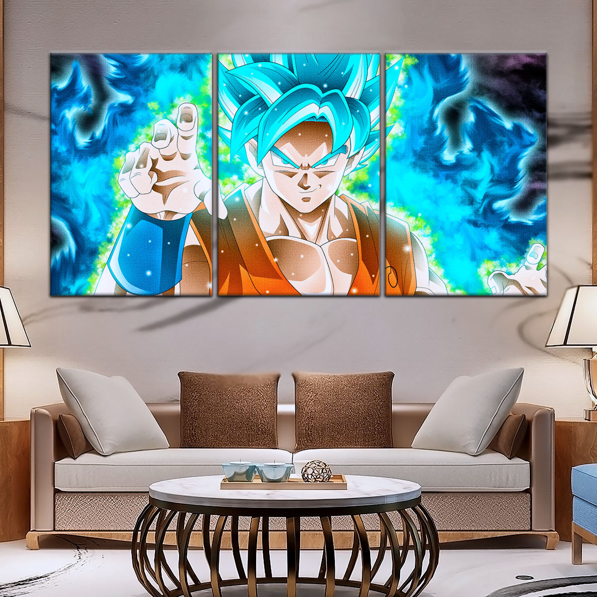 Dragon Ball Super Saiyan Blue Goku Canvas Wall Art - 5 Piece Split Panel DBZ Anime Poster - Framed Ready to Hang Living Room Man Cave Decor - DR5051