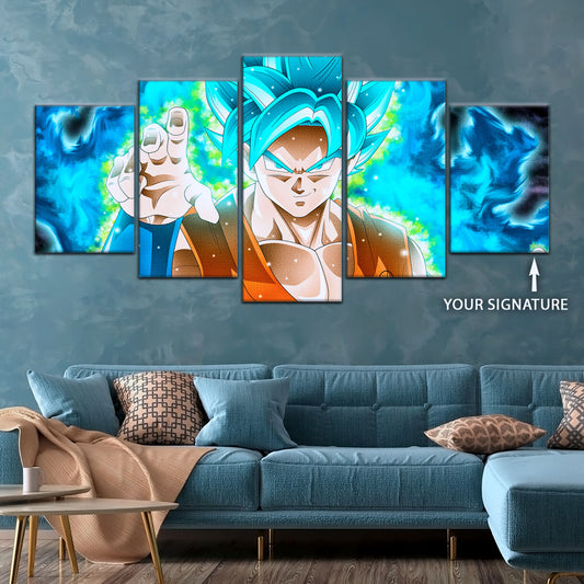 Dragon Ball Super Saiyan Blue Goku Canvas Wall Art - 5 Piece Split Panel DBZ Anime Poster - Framed Ready to Hang Living Room Man Cave Decor - DR5051