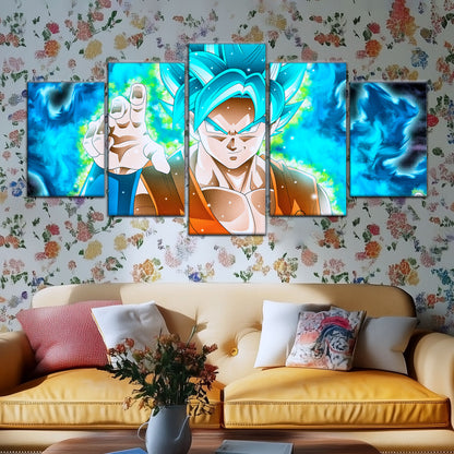 Dragon Ball Super Saiyan Blue Goku Canvas Wall Art - 5 Piece Split Panel DBZ Anime Poster - Framed Ready to Hang Living Room Man Cave Decor - DR5051