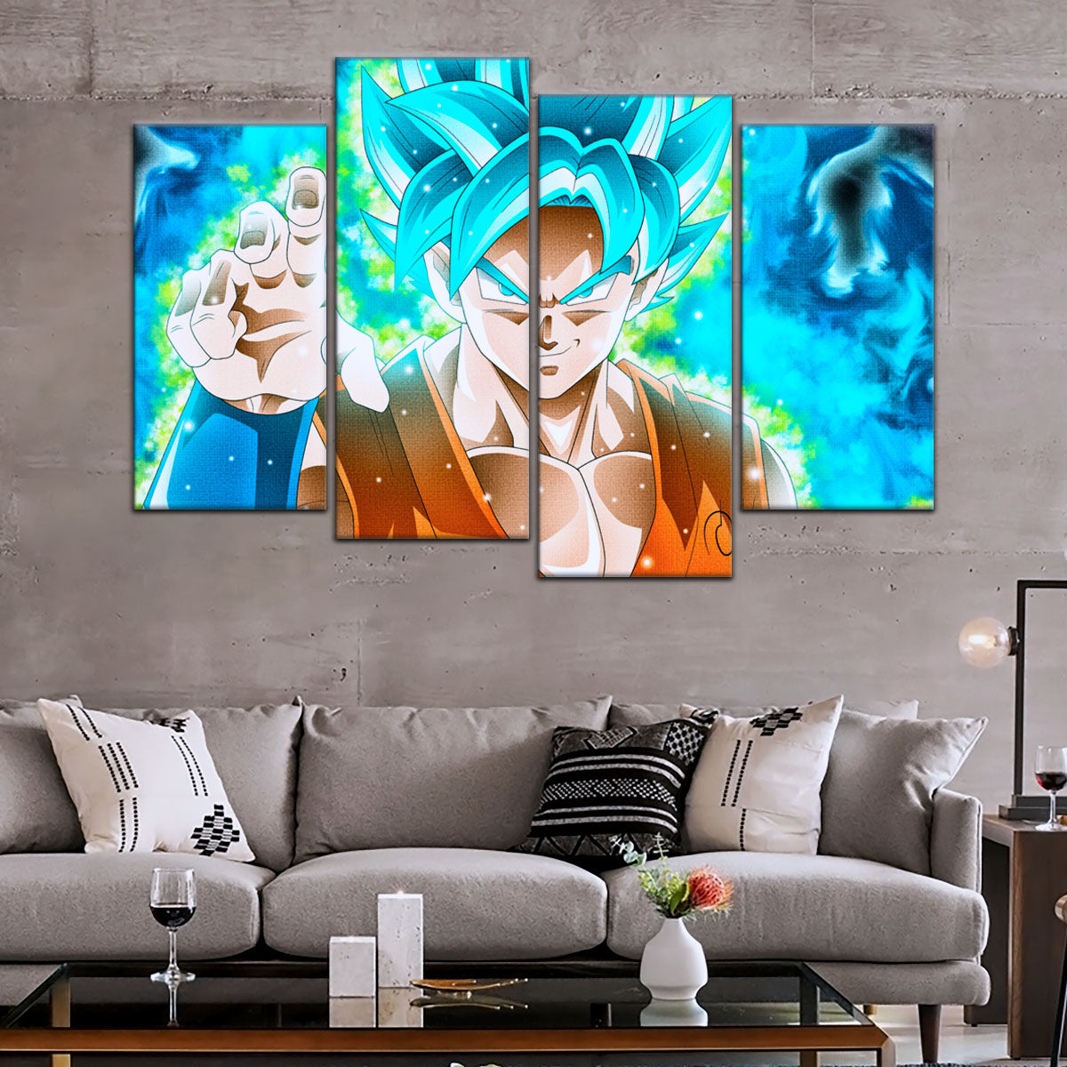 Dragon Ball Super Saiyan Blue Goku Canvas Wall Art - 5 Piece Split Panel DBZ Anime Poster - Framed Ready to Hang Living Room Man Cave Decor - DR5051