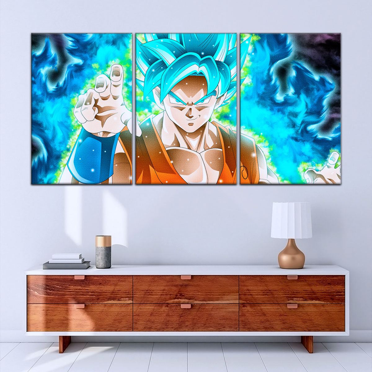 Dragon Ball Super Saiyan Blue Goku Canvas Wall Art - 5 Piece Split Panel DBZ Anime Poster - Framed Ready to Hang Living Room Man Cave Decor - DR5051