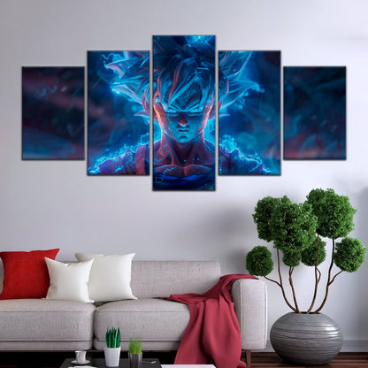 Dragon Ball Super Saiyan Blue Goku Canvas Wall Art - 5 Piece Split Panel DBZ Anime Poster - Framed Ready to Hang Living Room Man Cave Decor - DR5052