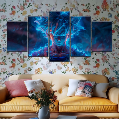 Dragon Ball Super Saiyan Blue Goku Canvas Wall Art - 5 Piece Split Panel DBZ Anime Poster - Framed Ready to Hang Living Room Man Cave Decor - DR5052