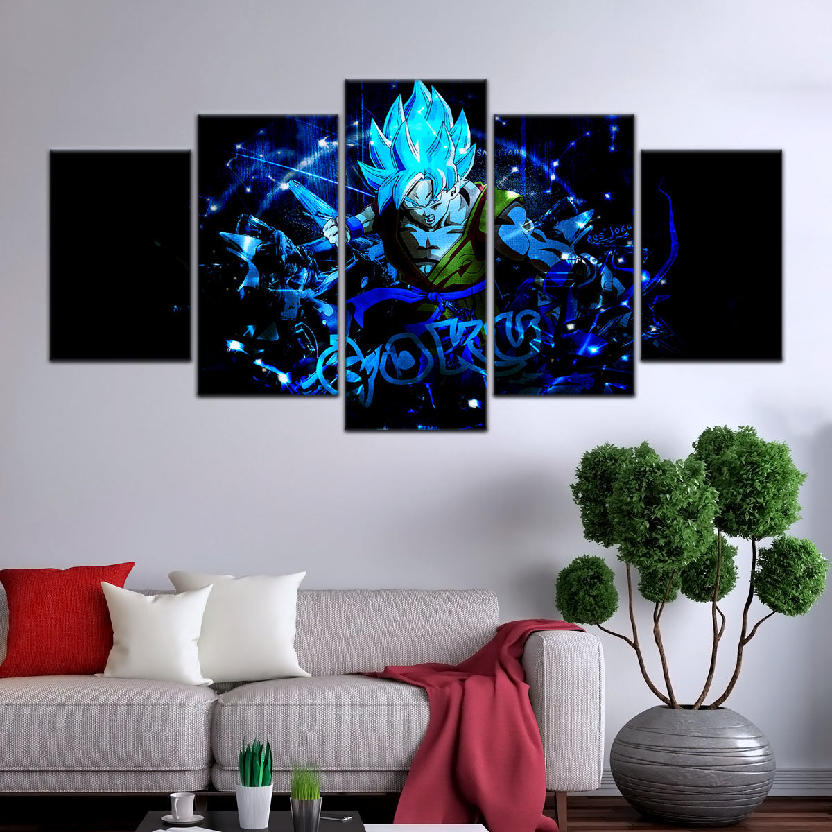 Dragon Ball Super Saiyan Blue Goku Canvas Wall Art - 5 Piece Split Panel DBZ Anime Poster - Framed Ready to Hang Living Room Man Cave Decor - DR5054
