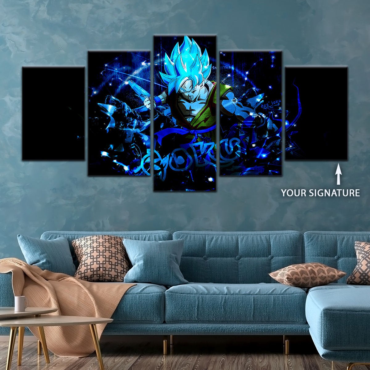 Dragon Ball Super Saiyan Blue Goku Canvas Wall Art - 5 Piece Split Panel DBZ Anime Poster - Framed Ready to Hang Living Room Man Cave Decor - DR5054
