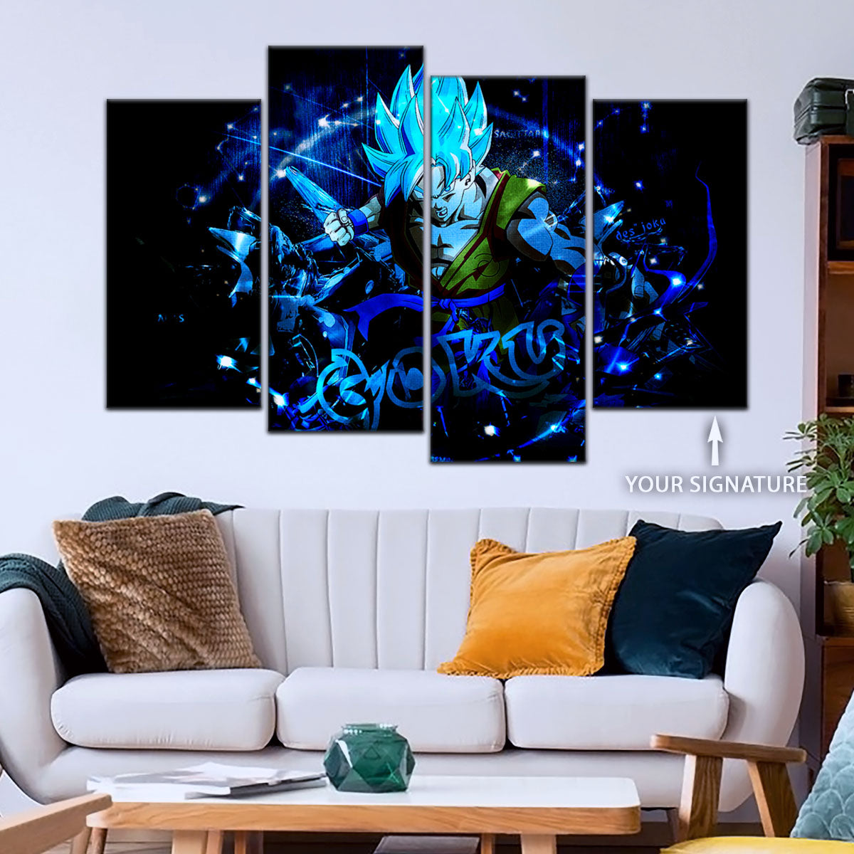 Dragon Ball Super Saiyan Blue Goku Canvas Wall Art - 5 Piece Split Panel DBZ Anime Poster - Framed Ready to Hang Living Room Man Cave Decor - DR5054