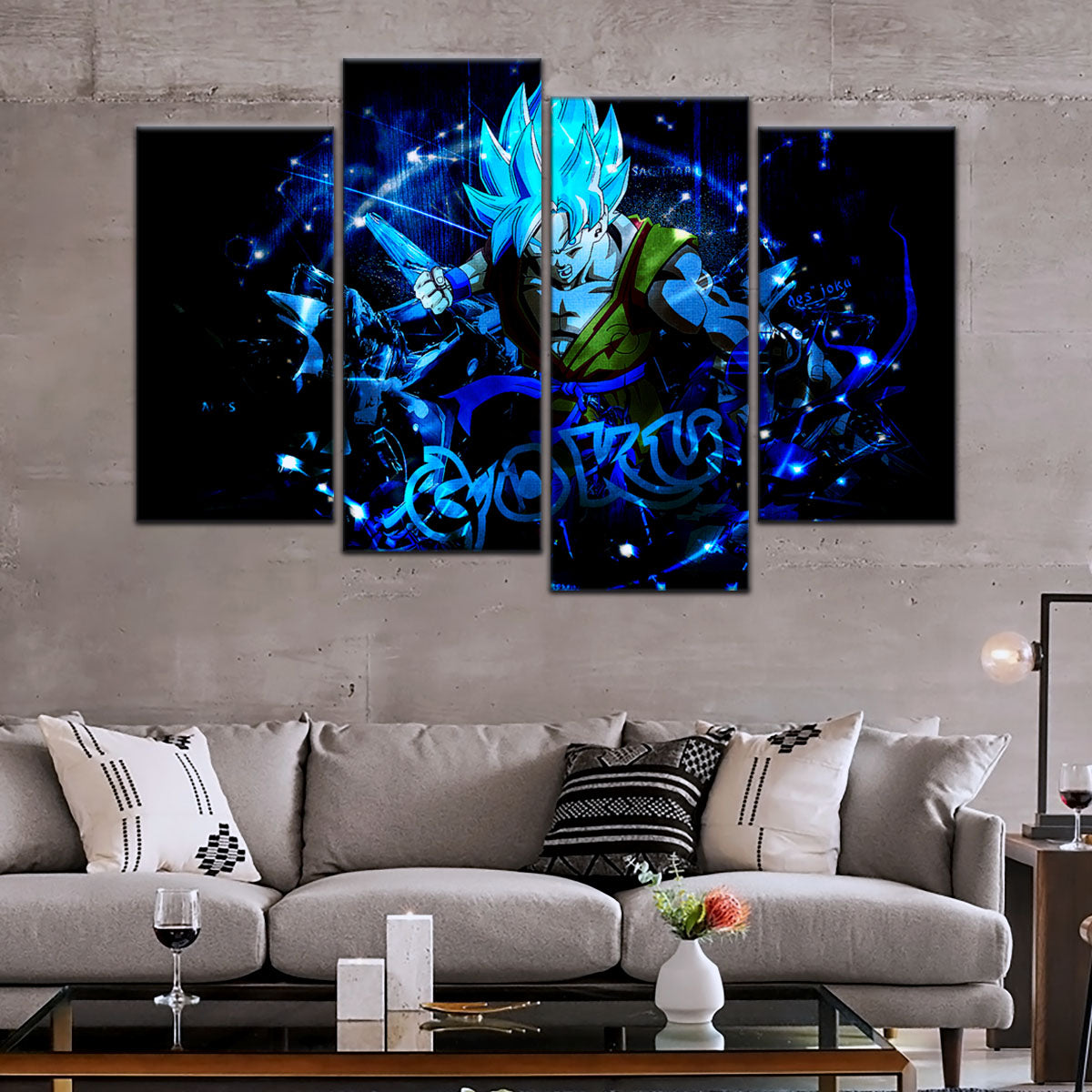 Dragon Ball Super Saiyan Blue Goku Canvas Wall Art - 5 Piece Split Panel DBZ Anime Poster - Framed Ready to Hang Living Room Man Cave Decor - DR5054