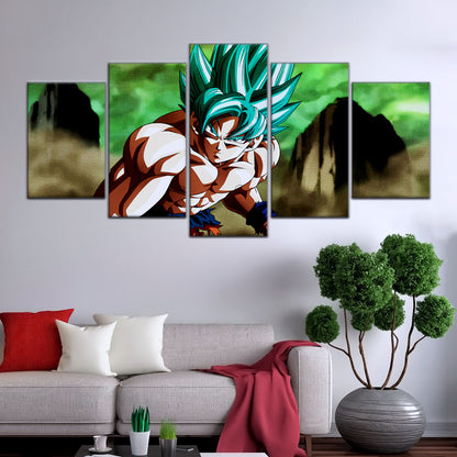 Dragon Ball Super Saiyan Blue Goku Canvas Wall Art - 5 Piece Split Panel DBZ Anime Poster - Framed Ready to Hang Living Room Man Cave Decor - DR5055