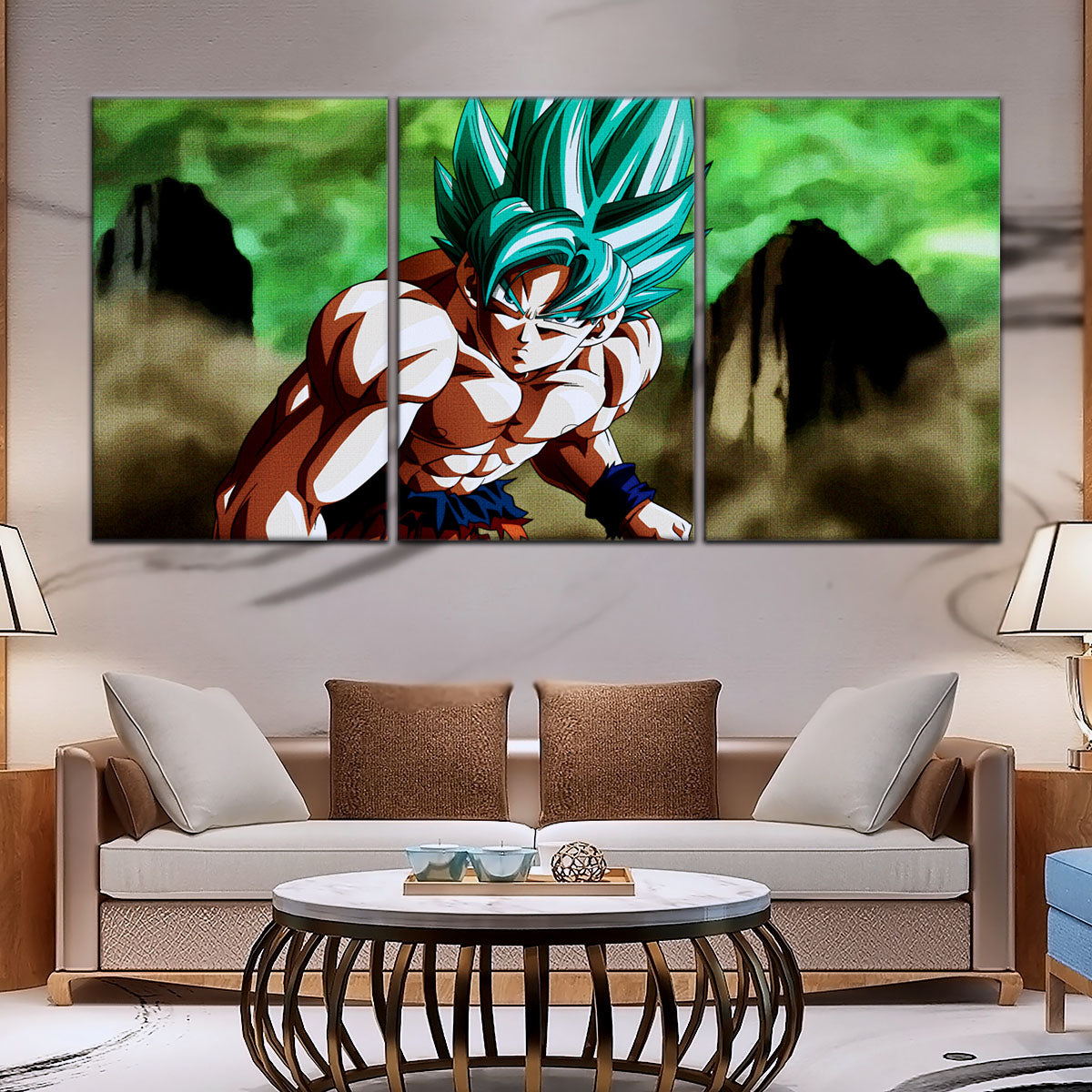 Dragon Ball Super Saiyan Blue Goku Canvas Wall Art - 5 Piece Split Panel DBZ Anime Poster - Framed Ready to Hang Living Room Man Cave Decor - DR5055