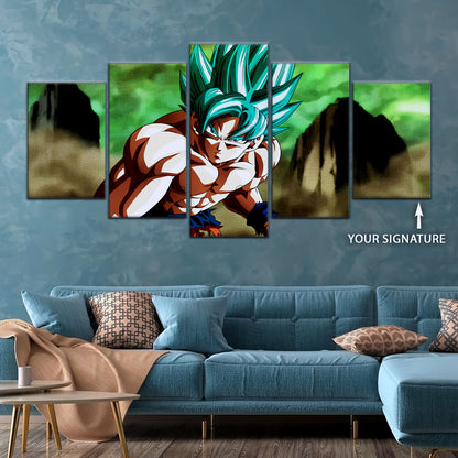 Dragon Ball Super Saiyan Blue Goku Canvas Wall Art - 5 Piece Split Panel DBZ Anime Poster - Framed Ready to Hang Living Room Man Cave Decor - DR5055