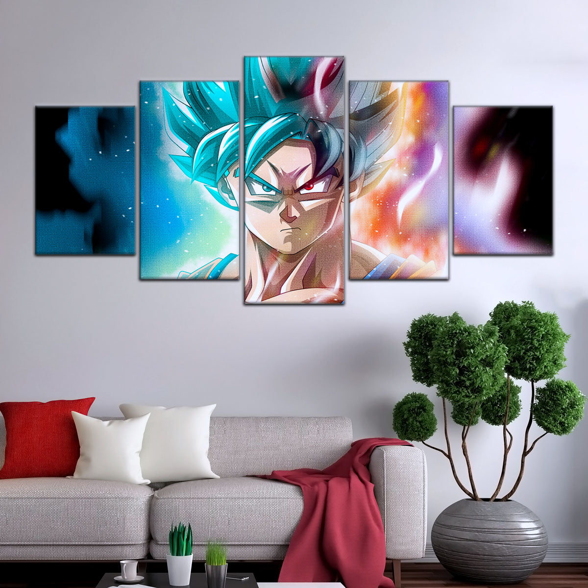 Dragon Ball Super Saiyan Blue Goku Canvas Wall Art - 5 Piece Split Panel DBZ Anime Poster - Framed Ready to Hang Living Room Man Cave Decor - DR5063