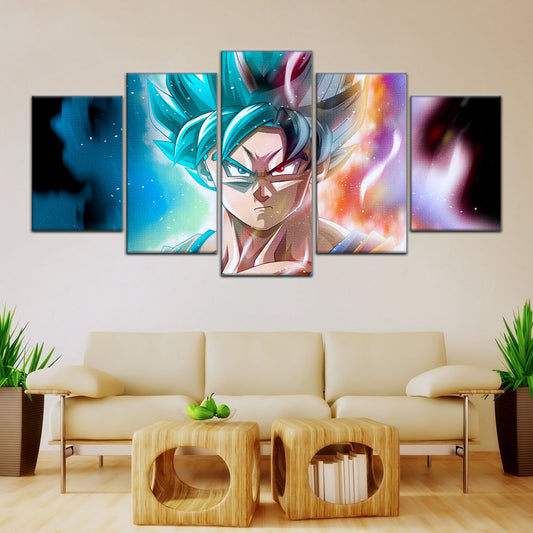 Dragon Ball Super Saiyan Blue Goku Canvas Wall Art - 5 Piece Split Panel DBZ Anime Poster - Framed Ready to Hang Living Room Man Cave Decor - DR5063