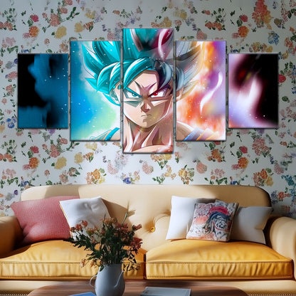 Dragon Ball Super Saiyan Blue Goku Canvas Wall Art - 5 Piece Split Panel DBZ Anime Poster - Framed Ready to Hang Living Room Man Cave Decor - DR5063