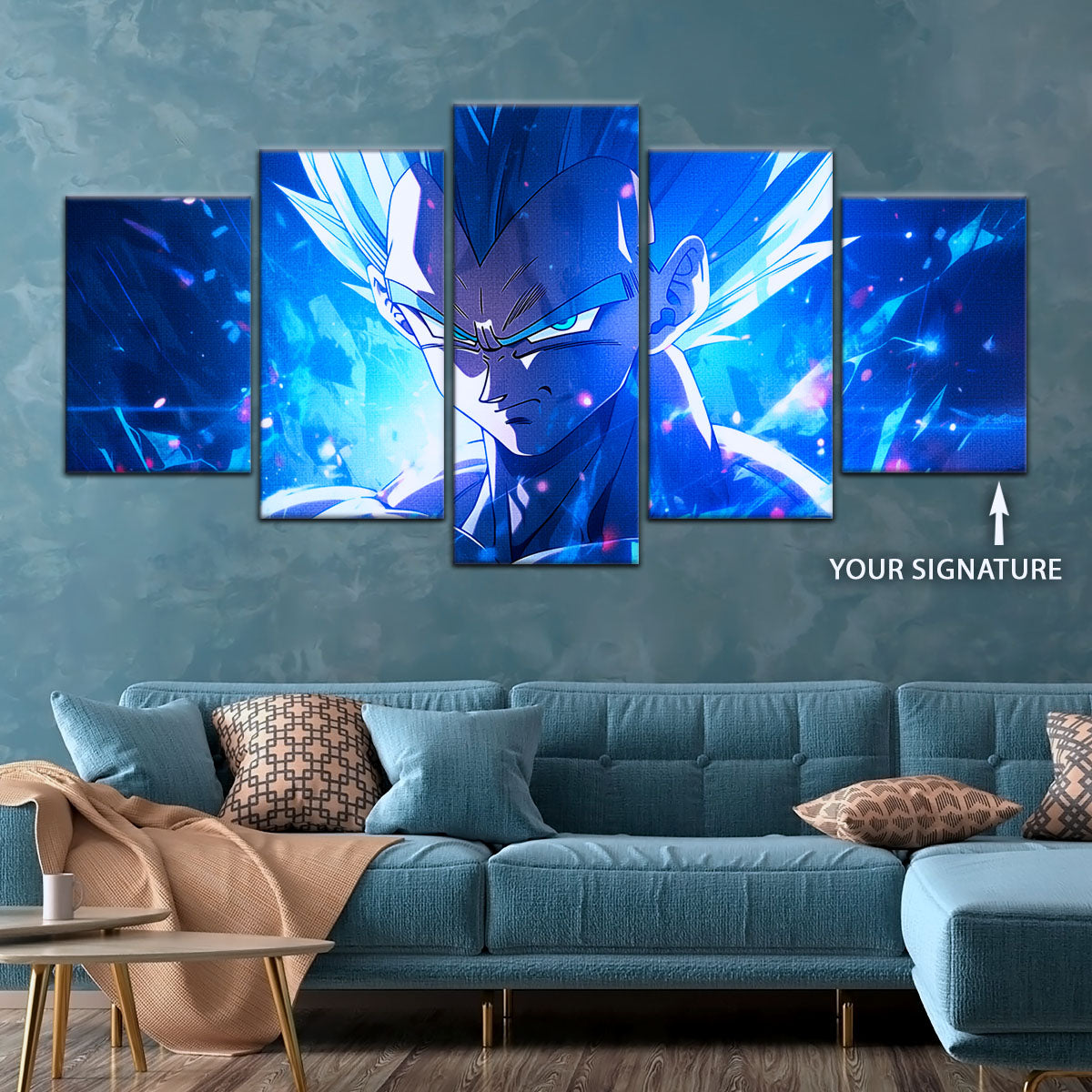 Dragon Ball Super Saiyan Blue Goku Canvas Wall Art - 5 Piece Split Panel DBZ Anime Poster - Framed Ready to Hang Living Room Man Cave Decor - DR5122
