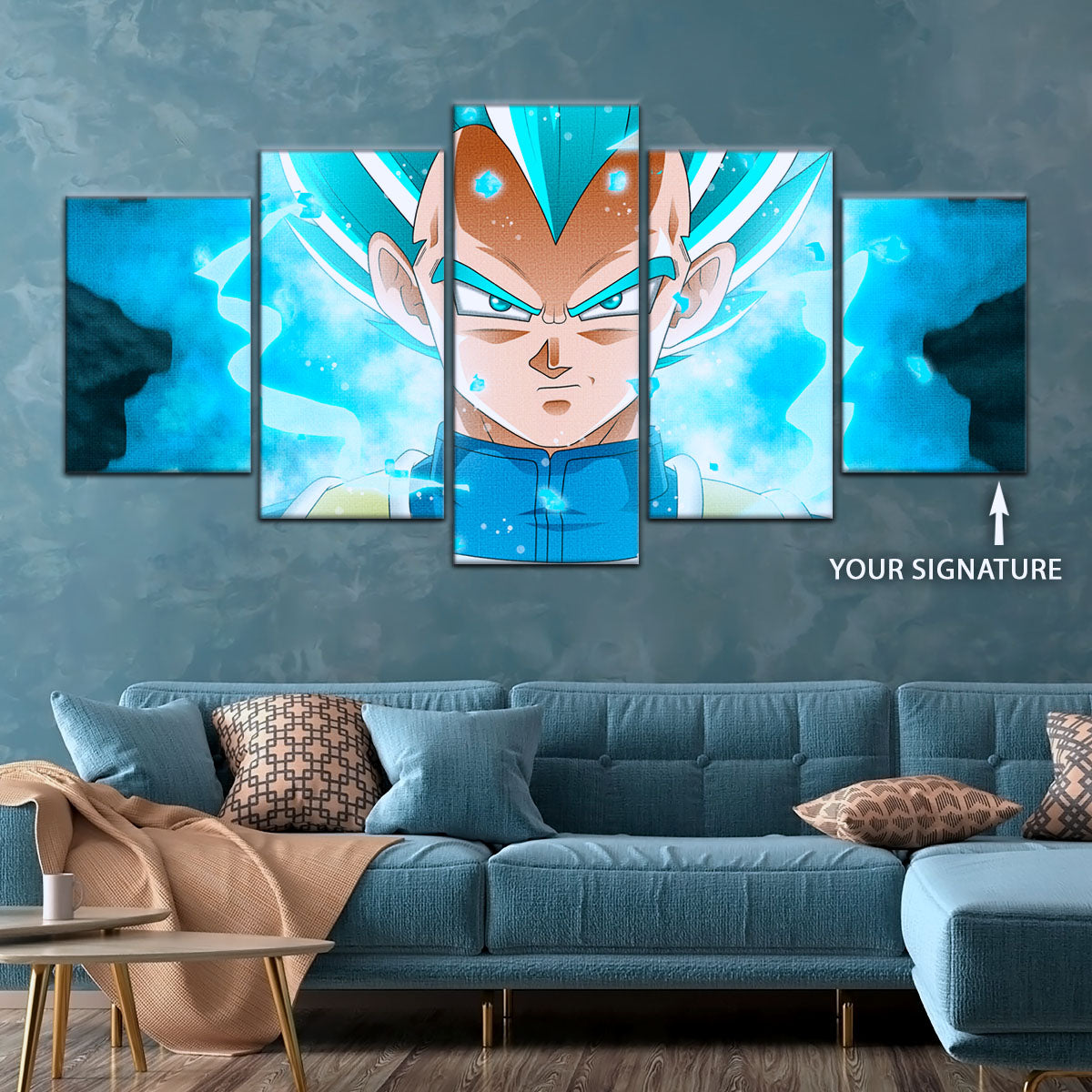 Dragon Ball Super Saiyan Blue Vegeta Canvas Wall Art - 5 Piece Split Panel DBZ Anime Poster - Framed Ready to Hang Living Room Man Cave Decor - DR5118