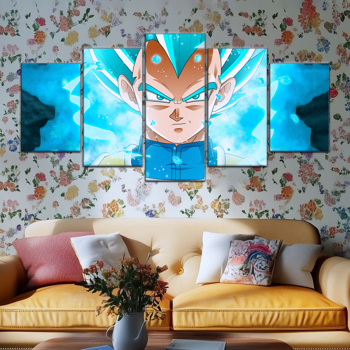 Dragon Ball Super Saiyan Blue Vegeta Canvas Wall Art - 5 Piece Split Panel DBZ Anime Poster - Framed Ready to Hang Living Room Man Cave Decor - DR5118