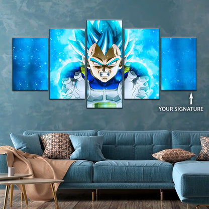 Dragon Ball Super Saiyan Blue Vegeta Canvas Wall Art - 5 Piece Split Panel DBZ Anime Poster - Framed Ready to Hang Living Room Man Cave Decor - DR5119