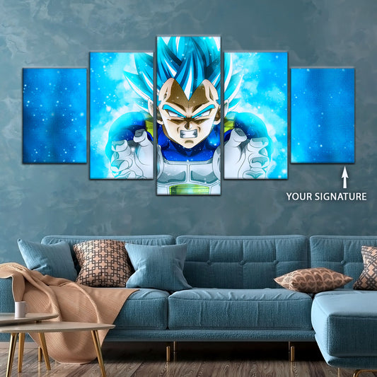 Dragon Ball Super Saiyan Blue Vegeta Canvas Wall Art - 5 Piece Split Panel DBZ Anime Poster - Framed Ready to Hang Living Room Man Cave Decor - DR5119
