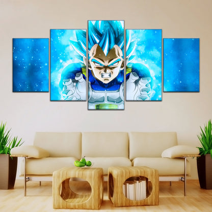 Dragon Ball Super Saiyan Blue Vegeta Canvas Wall Art - 5 Piece Split Panel DBZ Anime Poster - Framed Ready to Hang Living Room Man Cave Decor - DR5119