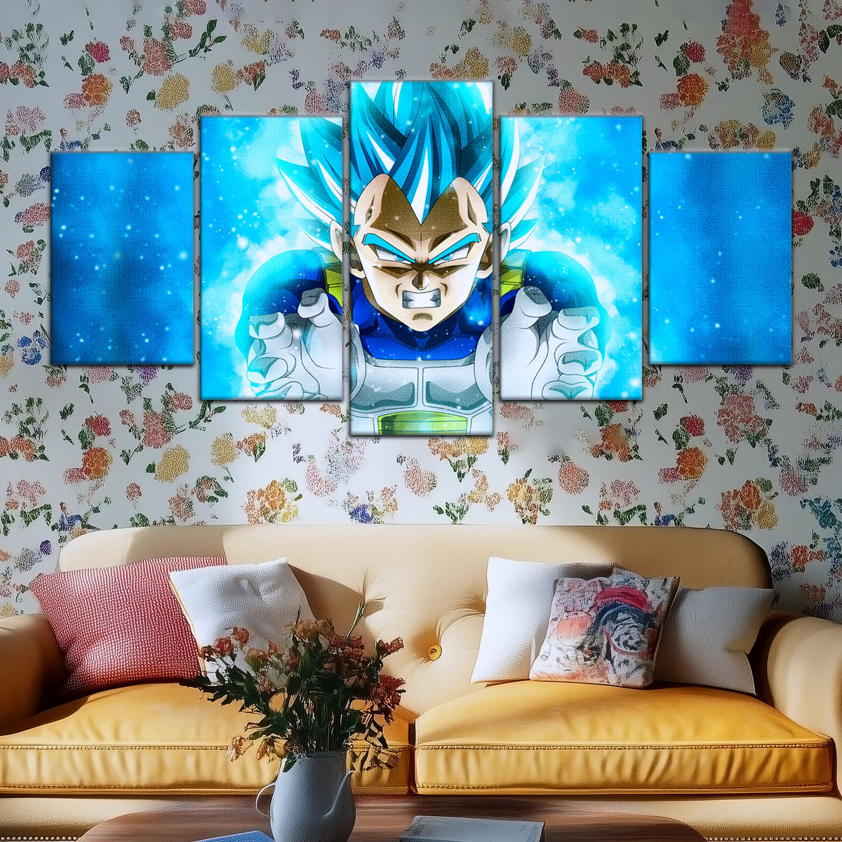 Dragon Ball Super Saiyan Blue Vegeta Canvas Wall Art - 5 Piece Split Panel DBZ Anime Poster - Framed Ready to Hang Living Room Man Cave Decor - DR5119