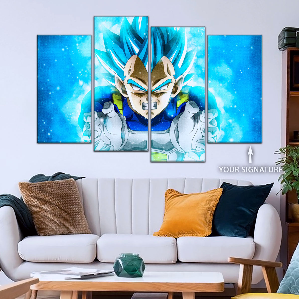 Dragon Ball Super Saiyan Blue Vegeta Canvas Wall Art - 5 Piece Split Panel DBZ Anime Poster - Framed Ready to Hang Living Room Man Cave Decor - DR5119