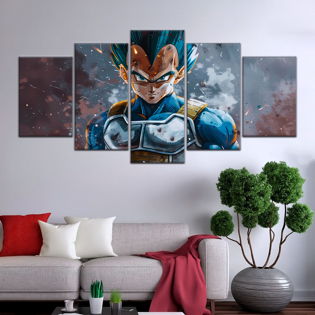 Dragon Ball Super Saiyan Blue Vegeta Canvas Wall Art - 5 Piece Split Panel DBZ Anime Poster - Framed Ready to Hang Living Room Man Cave Decor - DR5120