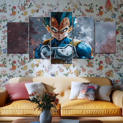 Dragon Ball Super Saiyan Blue Vegeta Canvas Wall Art - 5 Piece Split Panel DBZ Anime Poster - Framed Ready to Hang Living Room Man Cave Decor - DR5120