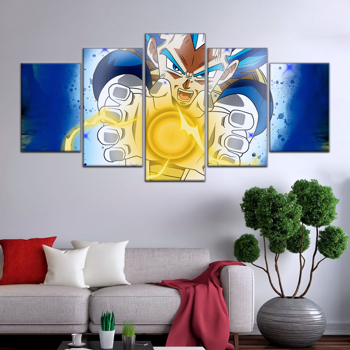 Dragon Ball Super Saiyan Blue Vegeta Canvas Wall Art - 5 Piece Split Panel DBZ Anime Poster - Framed Ready to Hang Living Room Man Cave Decor - DR5121