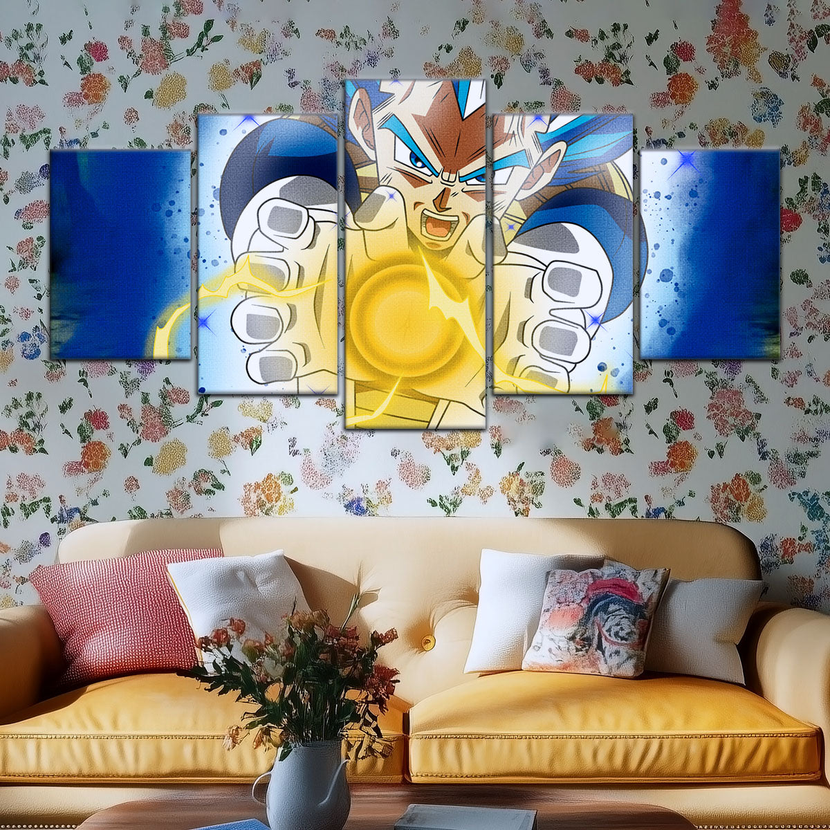 Dragon Ball Super Saiyan Blue Vegeta Canvas Wall Art - 5 Piece Split Panel DBZ Anime Poster - Framed Ready to Hang Living Room Man Cave Decor - DR5121