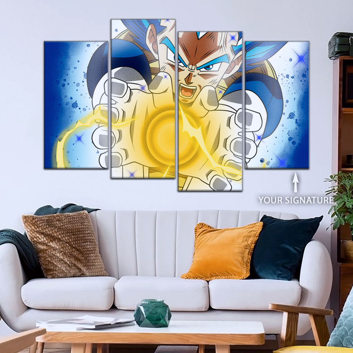 Dragon Ball Super Saiyan Blue Vegeta Canvas Wall Art - 5 Piece Split Panel DBZ Anime Poster - Framed Ready to Hang Living Room Man Cave Decor - DR5121