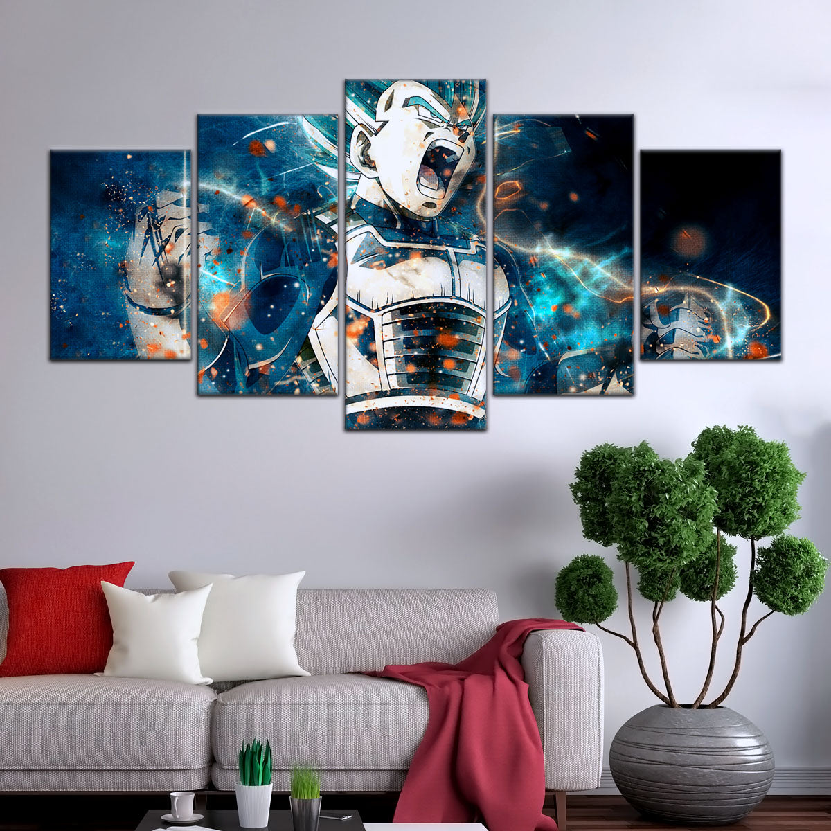 Dragon Ball Super Saiyan Blue Vegeta Canvas Wall Art - 5 Piece Split Panel DBZ Anime Poster - Framed Ready to Hang Living Room Man Cave Decor - DR5123