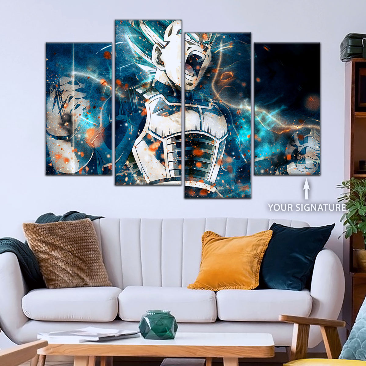 Dragon Ball Super Saiyan Blue Vegeta Canvas Wall Art - 5 Piece Split Panel DBZ Anime Poster - Framed Ready to Hang Living Room Man Cave Decor - DR5123